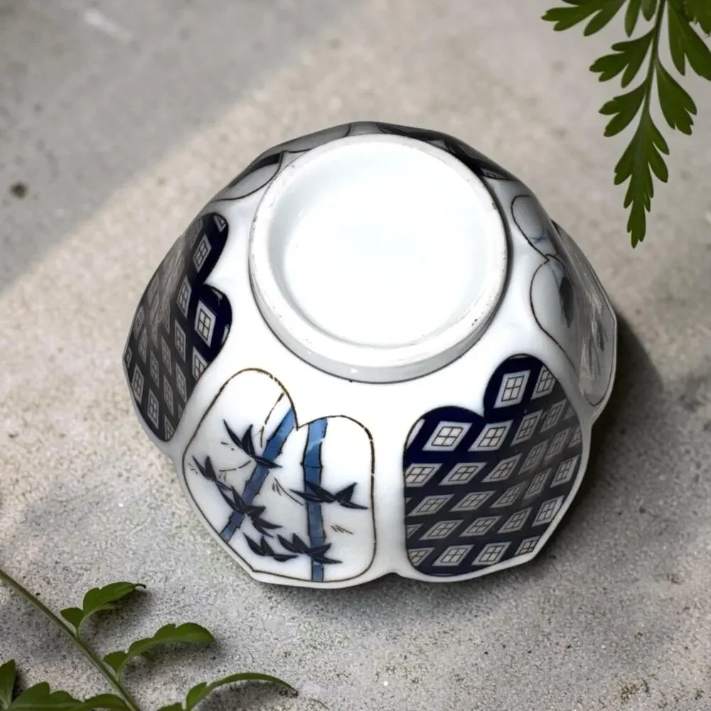 Set of 5 Blue White Porcelain Rice Bowls Floral Bamboo Geometric Scalloped Edge